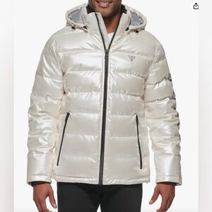 GUESS Men’s Pearl Ivory Shiny Puffer Jacket with Hood